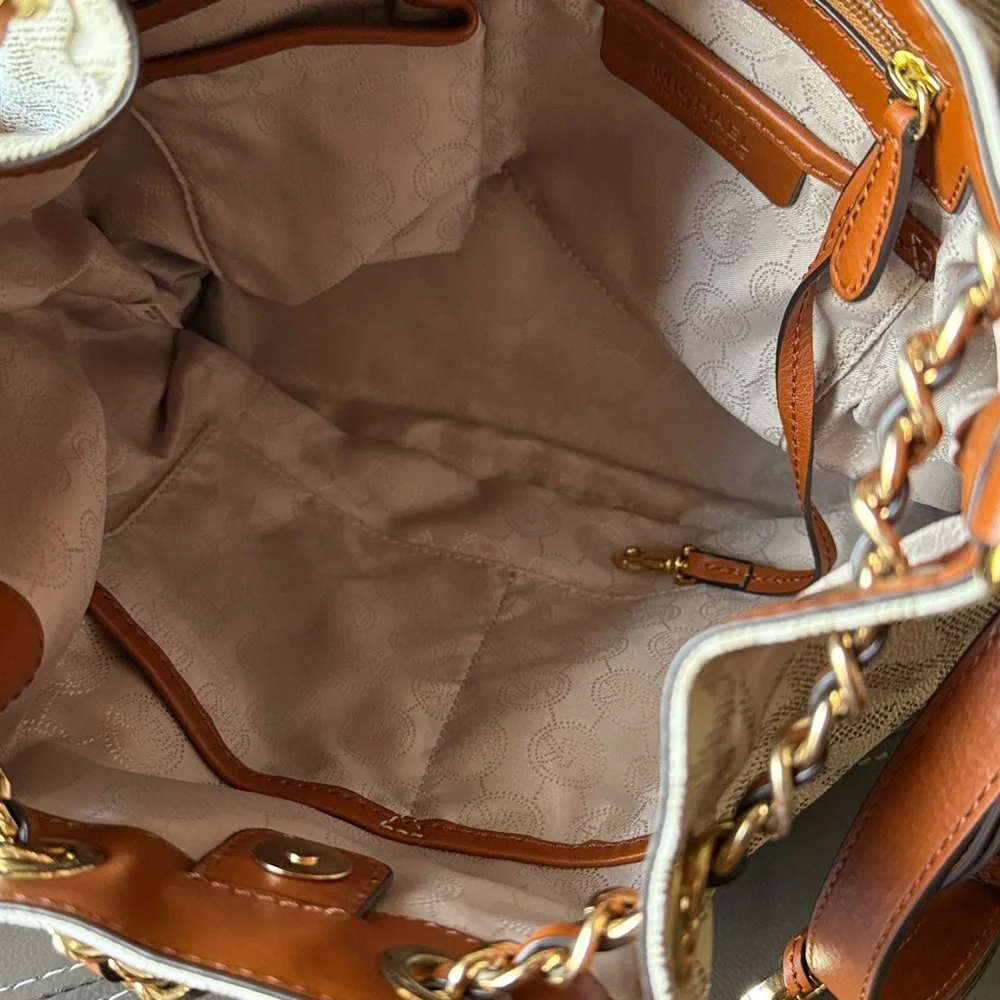 Michael Kors Cream Vanilla Monogram MK Shoulder Bag with Gold Accents - Picture 13 of 14